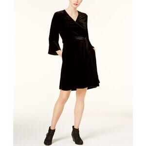 Eileen Fisher Black Velvet Silk Blend Belted Wrap Dress Large NEW